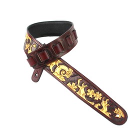 Walker And Williams LHR-27 Handmade Garnet Red Premium Carved Leather Guitar Strap With Gold Sumi-E Wave Scene For Acoustic, Electric, And Bass Guitars