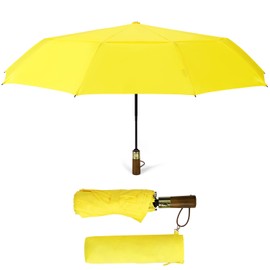 ECOHUB Travel Umbrella Windproof Strong With Compact Foldable, Automatic Open/Close, 10 Sturdy Ribs, Recycled PET Fabric, Wooden Handle & Ventilated Waterproof Canopy - Anti-Lost Sleeve, Yellow