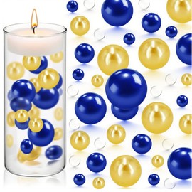 SURVART 200 Holeless Faux Pearls (20/14/8mm) with 10000 Clear Water Gel Beads for Centerpieces Vases Gold & Blue Vase Filler Bead Floating on Hydrated Clear Water Beads for Wedding, Party Décor