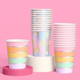 xo, Fetti Iridescent Rainbow Paper Cups - 12 oz, 24 pcs | Pastel Party Drinkware, Cute Dinner Party Setting, Bachelorette Decoration, Kids Birthday Tablescape