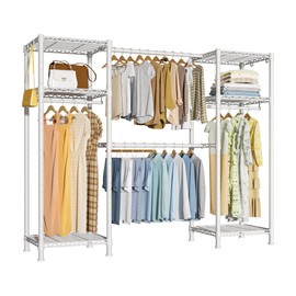 Ulif E7 Heavy Duty Garment Rack, Clothes Organizer and Storage Rack with Expandable Hangers, Metal Clothing Rack with 6 Wire Shelves, (52.3"-72") W x 14.5" D x 71.2" H, Load 740 LBS, White