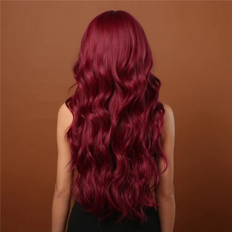 Peluca Rojo Para Mujer Larga Ondulada Flequillos Natural