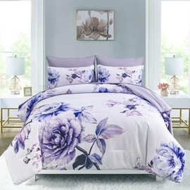 Drucon Purple Floral Comforter Set King, 7 Pieces Bed in a Bag Botanical Floral Comforter Soft Microfiber Purple Bedding Set King Size Bed with Sheet and Pillowcase