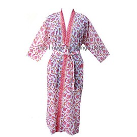 Mango Gifts 100% Cotton Hand Block Print Bathrobe Women Cover up Robe Pink