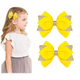 Koolgil 4-inch Glitter Hair Bow Clips Girls Sparkly Ribbon Bow Cheer Barrettes Alligator Hairpins for Baby Girls, Toddler, Kids and Teens Accessories Gift Set of 2 (Yellow)