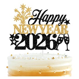 Decoración para tartas Happy New Year 2026, Goodbye 2025 Hello 2026, suministros de decoración para fiestas de Nochevieja, purpurina negra y dorada