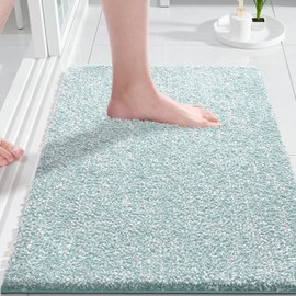 Yimobra Non-Slip Bathroom Rug, Extra Soft and Comfortable, Water-Absorbent, Thick and Machine Washable, Fluffy Bath Mat for Shower and Bathtub, Light Blue & White, 43 x 61 cm