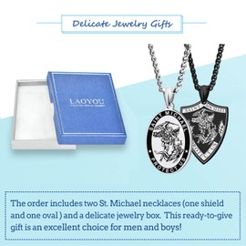 LAOYOU Archangel Michael Necklace Stainless Steel Saint Michael Necklace Medal for Men Women Protection Amulet St. Michael Pendant Blessed Catholic medallion Jewelry Gifts Silver Oval Black Shield