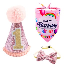 BIPY Pink Dog 1st Birthday Hat Bandana Bowtie for Girls Small Medium Dogs Cats Soft Bibs Doggy Party Supplies Adjustable Pet Collar Bowtie Celebration Pet Birthday Neckerchief Set