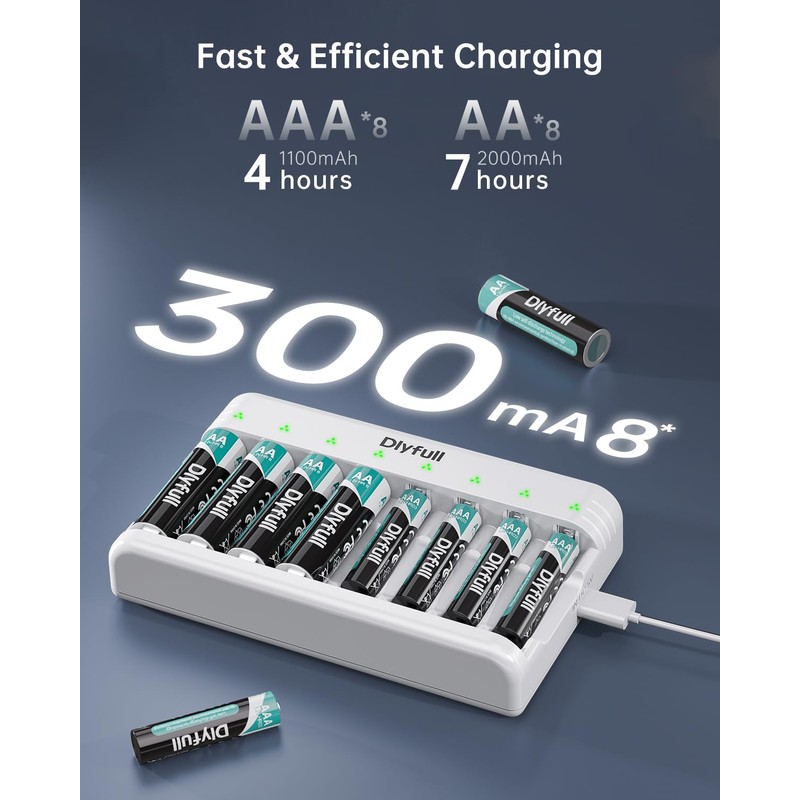 DLYPOW 8 Bay Battery Charger AA AAA, USB-C Fast Charging