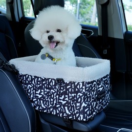 BurgeonNest Center Console Dog Car Seat for Small Dogs, Puppy Cat Car Seat Booster with Soft Cushion Safety Belt, Seats Safe & Cozy Metal Frame Armrest Dog Booster Pet Under 11 lbs (Word)