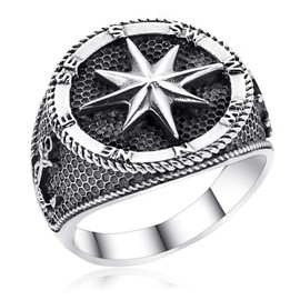 Materia Men's Ring Compass Silver 925 Wide - Signet Ring Men's Rings Wind Rose Nautical Star Antique Black 18-23 mm, Sterling Silver