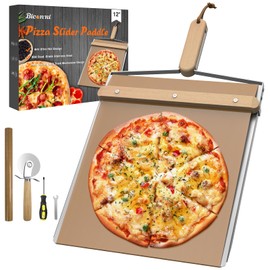 Sliding Pizza Peel, large Pizza Peel Metal Sliding Tray 15" X 13" Making 12 Inch, 304 Stainless Steel Metal Premium Pizza Board with Solid Wood Handle, and Pizza Cutter Wheel