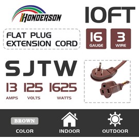 HONDERSON Flat Plug Indoor Extension Cord, UL Listed, 16 Gauge 10FT Brown 3 Prong Heavy Duty, 16/3 SJTW 13A Power Cord for Lights, Appliances, Home