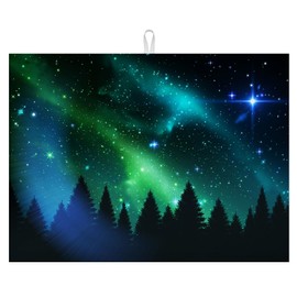 Starry Sky Forest Dish Drying Mat for Kitchen Counter Microfiber Absorbent Dish Northern Lights Kitchen Drying Mat Draining Reusable Washable for Dishes/Utensils/Countertops/Sinks