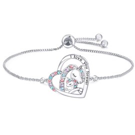 MAKOBLESSMOMO I Love You Forever Unicorn Bracelet for Girls Crystal Heart Bangle Adjustable Jewelry Gift Birthday Christmas Gifts for Women Mom Wife Girls