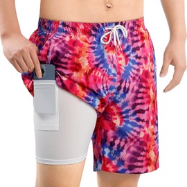 MASOCIO Mens Swimming Shorts Men Swim Trunks with Compression Liner Stretch No Mesh Anti Chafe Double Layer Knee Length Long Men's Swimshorts Quick Dry Summer Beach Surf Board Shorts Tie Dye Red S