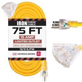 IRON FORGE CABLE 75 Foot Lighted Outdoor Extension Cord with 3 Electrical Power Outlets - 12/3 SJTW Heavy Duty Yellow Extension Cable with 3 Prong Grounded Plug for Safety, 15 AMP