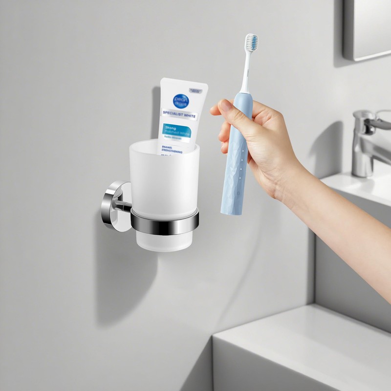 Wall Mount Toothbrush Holder with Frosted Glass Cup, Toothbrushes Toothpaste