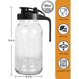 VA1KENE | 2 Pack | 64oz | Glass Mason Jar Pitcher with Lid and Spout Wide Mouth, 2 Quart(1.9L) Leakproof Water Jug for Sun Tea, Iced Coffee, Breastmilk Storage, Juice, Black