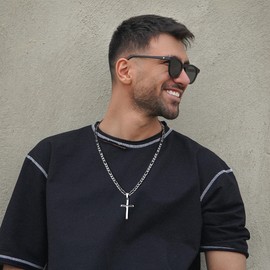 MILACOLATO 925 Sterling Silver Cross Necklace Beveled Edge for Men Women 5mm Diamond-Cut Durable Stainless Steel Figaro Link Chain Cross Necklace Crucifix Pendant Necklace Jewelry 24 Inches