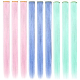 Rhyme 9 Pcs Colored Hair Extensions clip in Women Girls Hair Accessories Party Hightlight Multicolored Hairpieces (Light pink&Light green&Light blue)