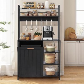 MAGIC UNION Bakers Racks Kitchen Microwave Stand Cabinet with 10 Gallon Trash Can Bin Cabinet and Power Outlet, 6-Tiers Farmhouse Coffee Bar Table Station with 6 Hooks and Storage Shelf, Black (Black)