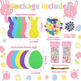 224 Pcs Easter Foam Stickers Set Egg Bunny DIY Craft Kits Foam Easter Ornaments 3D Egg Peeps Bunny Foam Stickers Decorations for Easter Party Home School Classroom Activities Kids DIY Crafts Supplies