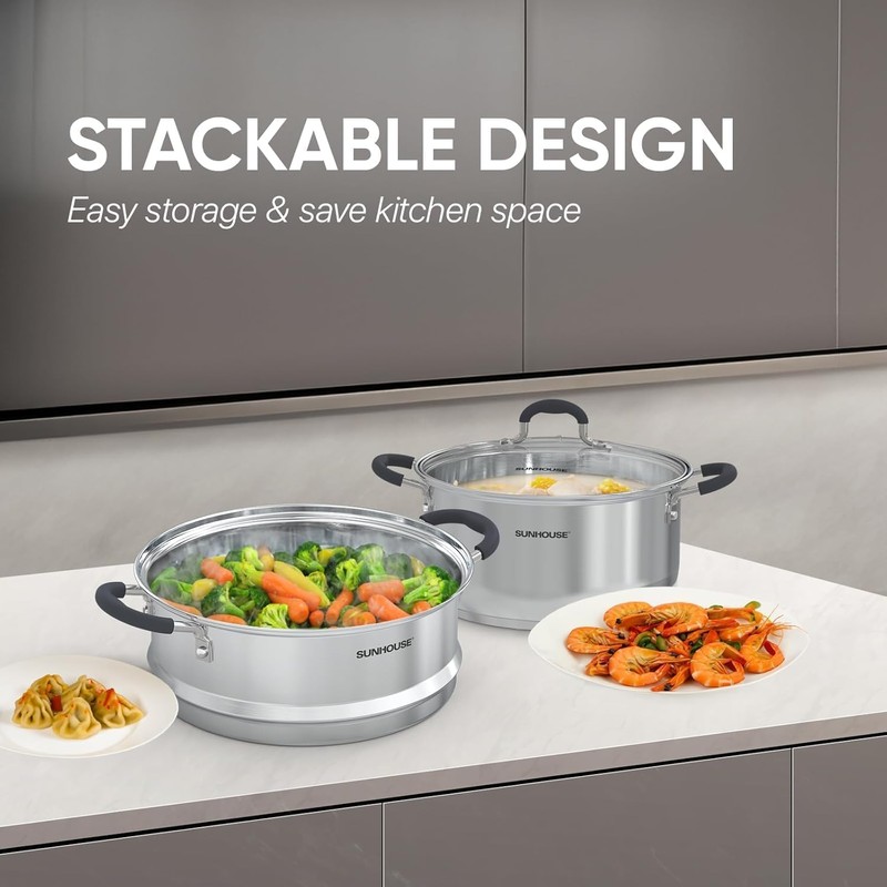 SUNHOUSE - 3.1 Quart Steamer Pots with Lid 2-Tier Multipurpose