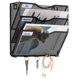 EasyPAG 3 Compartments Metal A4 Magazine Wall Holder Magazine Holder Wall File Tray Document Holder Magazine Wall Mount Post Organiser Brochure Dispenser Flyer Holder Hanging with 5 Hooks, Black