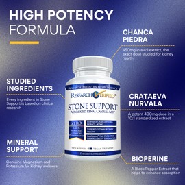 Research Verified Stone Support - Optimal Kidney Stone Defense - Chanca Piedra, Crataeva Nurvala, BioPerine - Vegan - 360 Capsules