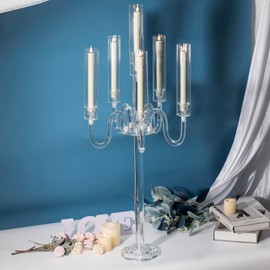 Acrylic Candelabra Centerpieces for Tables, 37.4in Tall 6 Arm Acrylic Candle Holder for Taper LED Candles, Clear Candlestick Holder for Wedding Centerpiece Decor Party Event Reception Decoration