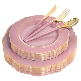 Nervure 100PCS Mauve Pink Plastic Plates With Gold Rim - Mauve and Gold Disposable Plates with Mauve Handle For Wedding & Party Serve for 20 Guests
