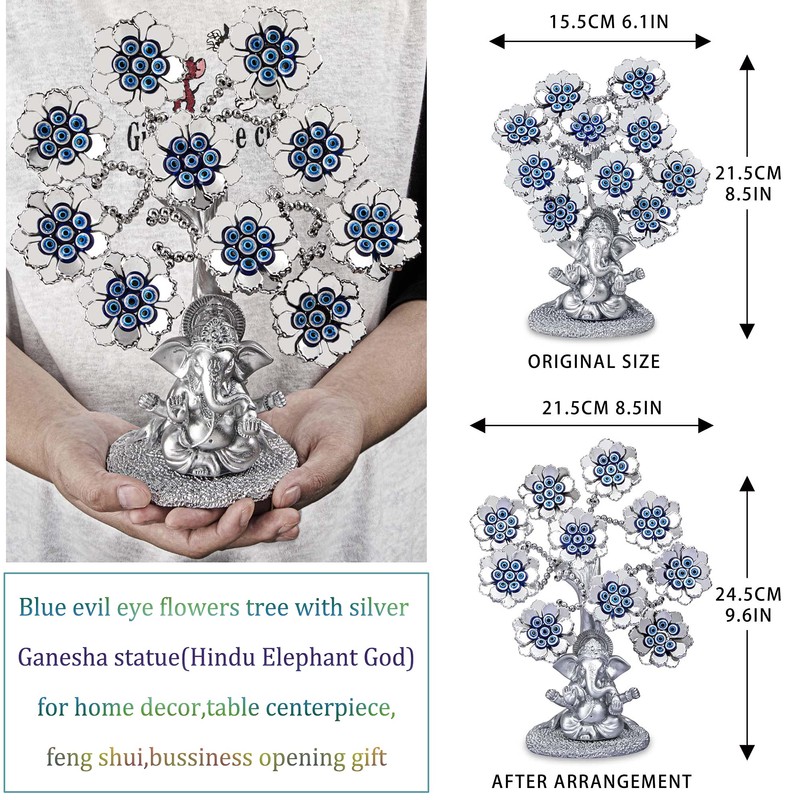 Evil Eye Flowers Lucky Tree with Silver Ganesha Hindu Elephant