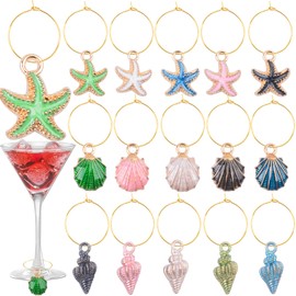 AGNURCADE 60pcs Ocean Theme Wine Glass Charms Colorful Enamel Starfish Sea Shell Conch Wineglass Rings Markers Earring Beading Hoops for Chritsmas Beach Wine Tasting Party Gifts
