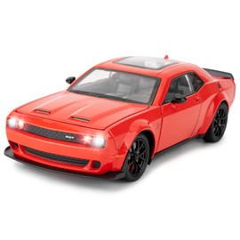 BDTCTK 1/24 Dodge Challenger Hellcat Model Car, Zinc Alloy Pull Back Toy car with Sound and Light for Kids Boy Girl Gift(Red)