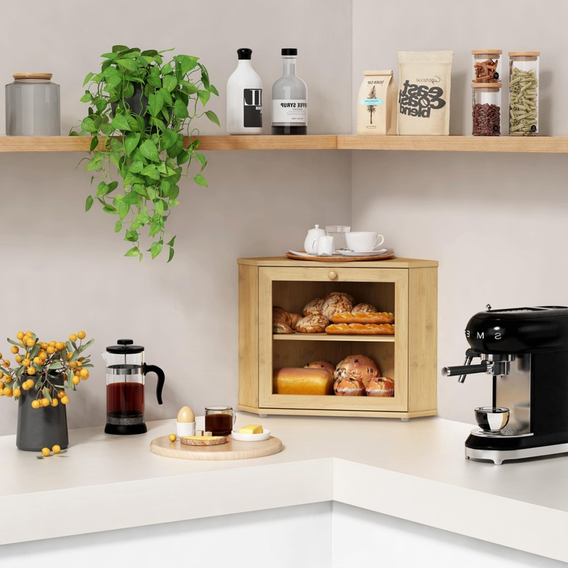 Goozii Bamboo Corner Bread Box for Kitchen Counter, 2 Tier