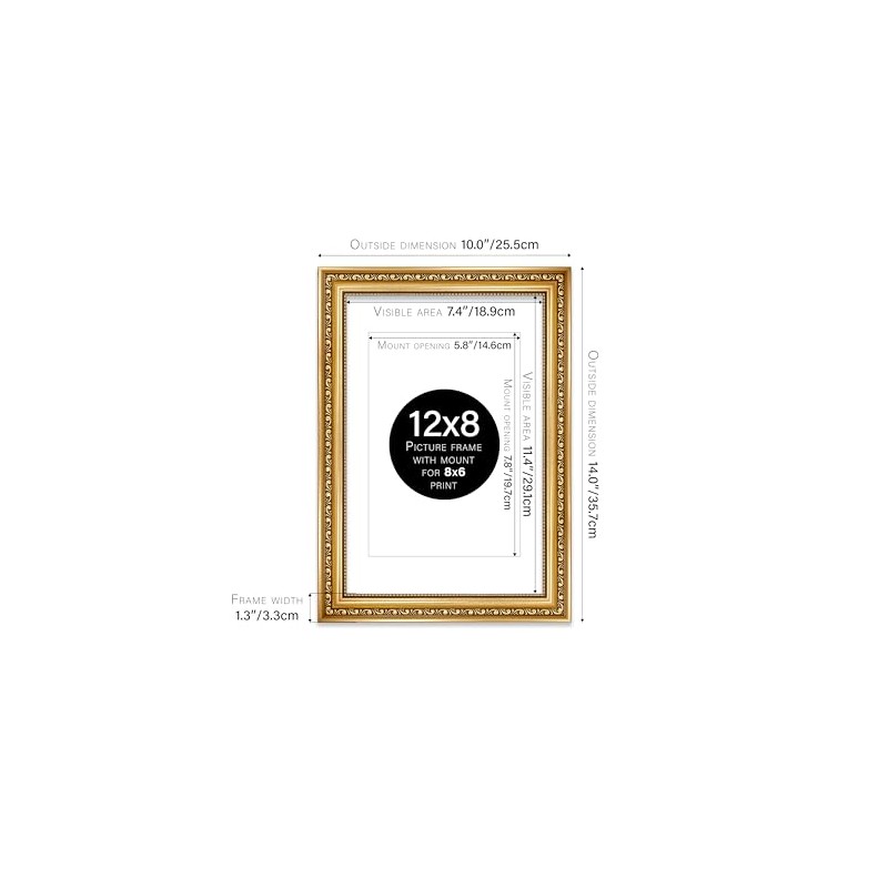 12x8 Gold Ornate Photo Frame With White Mat For 8x6