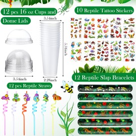 Funnymoom 122 Pcs Reptile Party Favors Include Plastic Cups with Lids Reusable Straws Insert Lizard Toys Tattoos Reptile Stickers Slap Bracelets Snake Keychain Gift Cards Twist Ties for Birthday Party