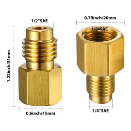 2 Pieces 6015 R134A Brass Refrigerant Tank Adapter to R12 Fitting Adapter 1/2 Female to 1/4 Male Flare Adaptor Valve Core and 6014 Vacuum Pump Adapter 1/4 Inch Flare Female to 1/2 Inch Male