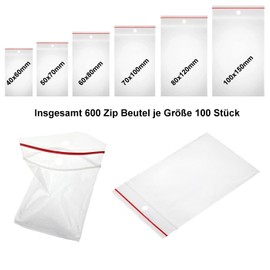 600 x Ziplock Bags Set with 6 Sizes, 100 Pieces Each | Slide Lock Bags 45 mµ | Zip Lock Bags | Quick Release Bags | Zip Closure Bags | Poly Bag