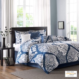Madison Park Sateen Cotton Comforter Set-Traditional Luxe Design All Season Lightweight Bedding, Shams, Bedskirt, Decorative Pillows, Cal King(104"x92"), Vienna, Damask Indigo 7 Piece