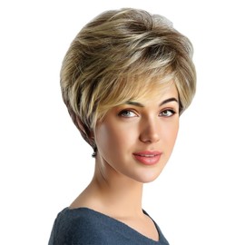 Woojfcang Short Ombre Blonde Mix Brown Wigs for Women, Pixie Cut Wig with Bangs, Synthetic Layered Hair Wig for Costume, Cosplay, Fancy Dress
