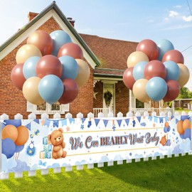 We Can Bearly Wait Baby Shower Decorations Set with 50 Balloons Large 10ft Fabric Banner Blue Brown Boho Teddy Bear Theme Party Supplies for Boy Gender Reveal Backdrop Yard Sign Photo Prop