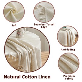 TACYKIBD Table Cloth Round Tablecloth, Cotton Linen Solid Color Tablecloth, Washable Tassel Table Cover Table Linener for Kitchen Dining Picnic Party Christmas Tabletop Decoration (150cm, Beige)
