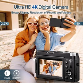 VAHOIALD 4K Digital Camera for Photography - Autofocus 48MP Vlogging Camera for YouTube with 3' 180Flip Screen - 16X Digital Zoom, Anti-Shake Camera for Vlogging with SD Card, 2 Batteries & Charging Stand ?