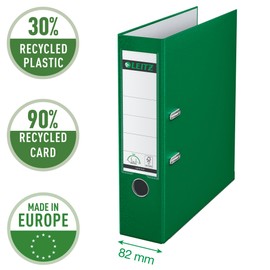 Leitz Plastic Lever Arch File, 90 Percent Recycled Card, 30 Percent Pre-consumer Recycled Plastic, With Thumbhole and Rado Rings, 80mm Spine 600 Sheet Capacity, Green, 10101055