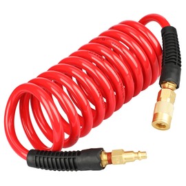YOTOO Polyurethane Recoil Air Hose 3/8" Inner Diameter by 10' Long with Bend Restrictor, Repairable 1/4" Industrial Quick Coupler and Plug, Red