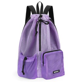 WANDF Swim Bag Mesh Drawstring Backpack with Wet Pocket Beach Bag for Swimming Pool Gym Workout Men and Women(Purple)