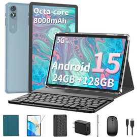 Relndoo 2025 Android 15 Tablet with Keyboard, 24GB+128GB+2TB Expand, 10.1 Inch Octa-Core 2-in-1 Tablets with 5G/2.4G WiFi, 8000mAh, BT5.0, GMS Certified, with Mouse, Case, Stylus, Split Screen(Green)